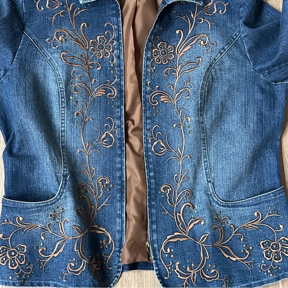 Coldwater Creek Jean Jacket Coat Embroidery Pockets Cowgirl Zipper Lined Western - Picture 9 of 9